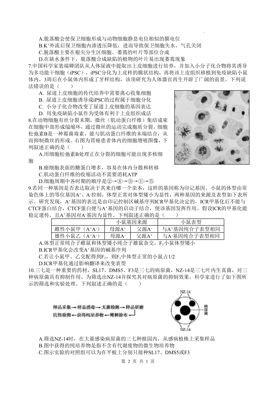 绵阳中学2023级高考适应性考试(一)生物.pdf_第2页