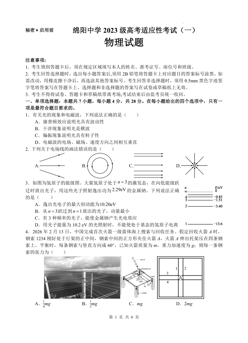 绵阳中学2023级高考适应性考试(一)物理.pdf_第1页