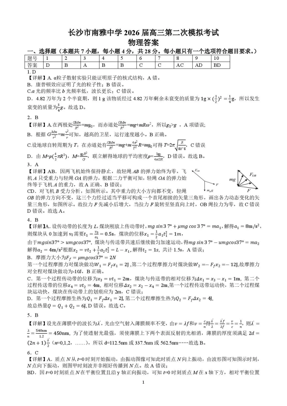 南雅中学2026届高三第二次模拟考试试卷物理答案.pdf_第1页