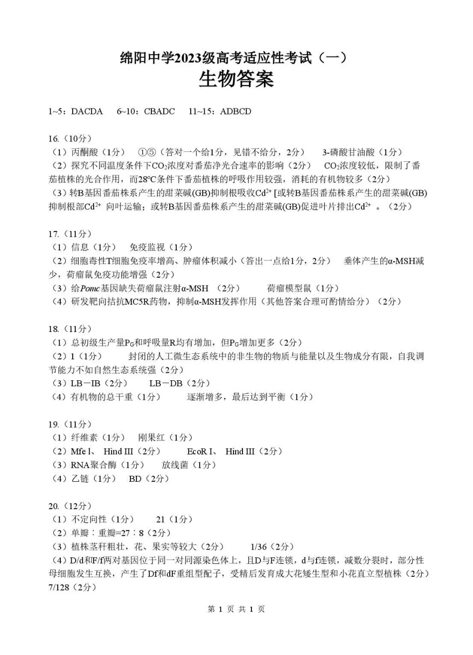 生物四川绵阳中学2023级(2026届)高三年级高考适应性考试(一)(绵阳中学一模)(5.22-5.23)(1).pdf_第1页