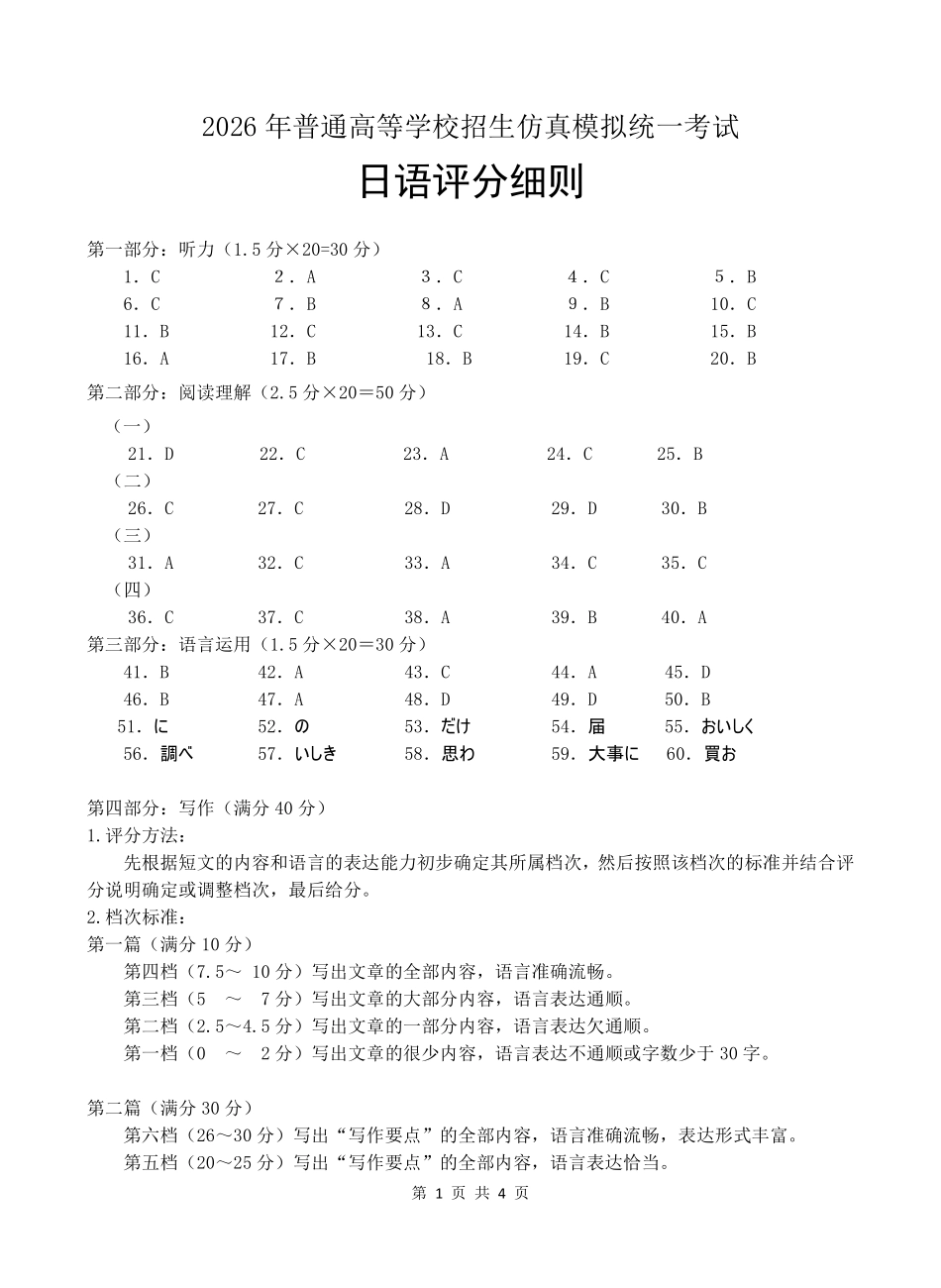 武汉市2026届高三年级五月供题日语答案.pdf_第1页