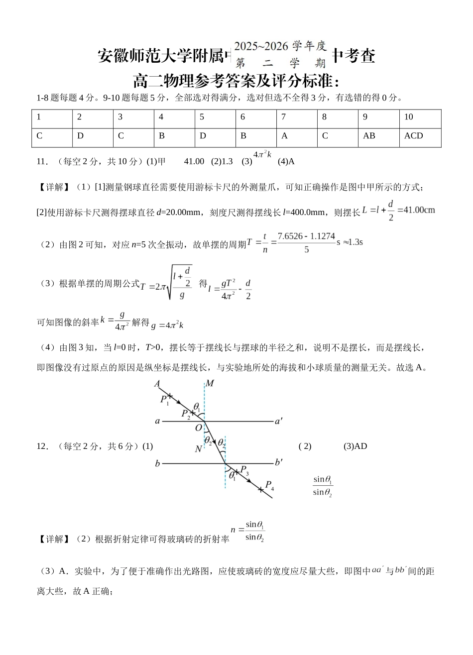物理安徽安徽芜湖市安徽师范大学附属中学2025~2026学年第二学期高二年级期中考查考试(4月底)(1).docx_第1页