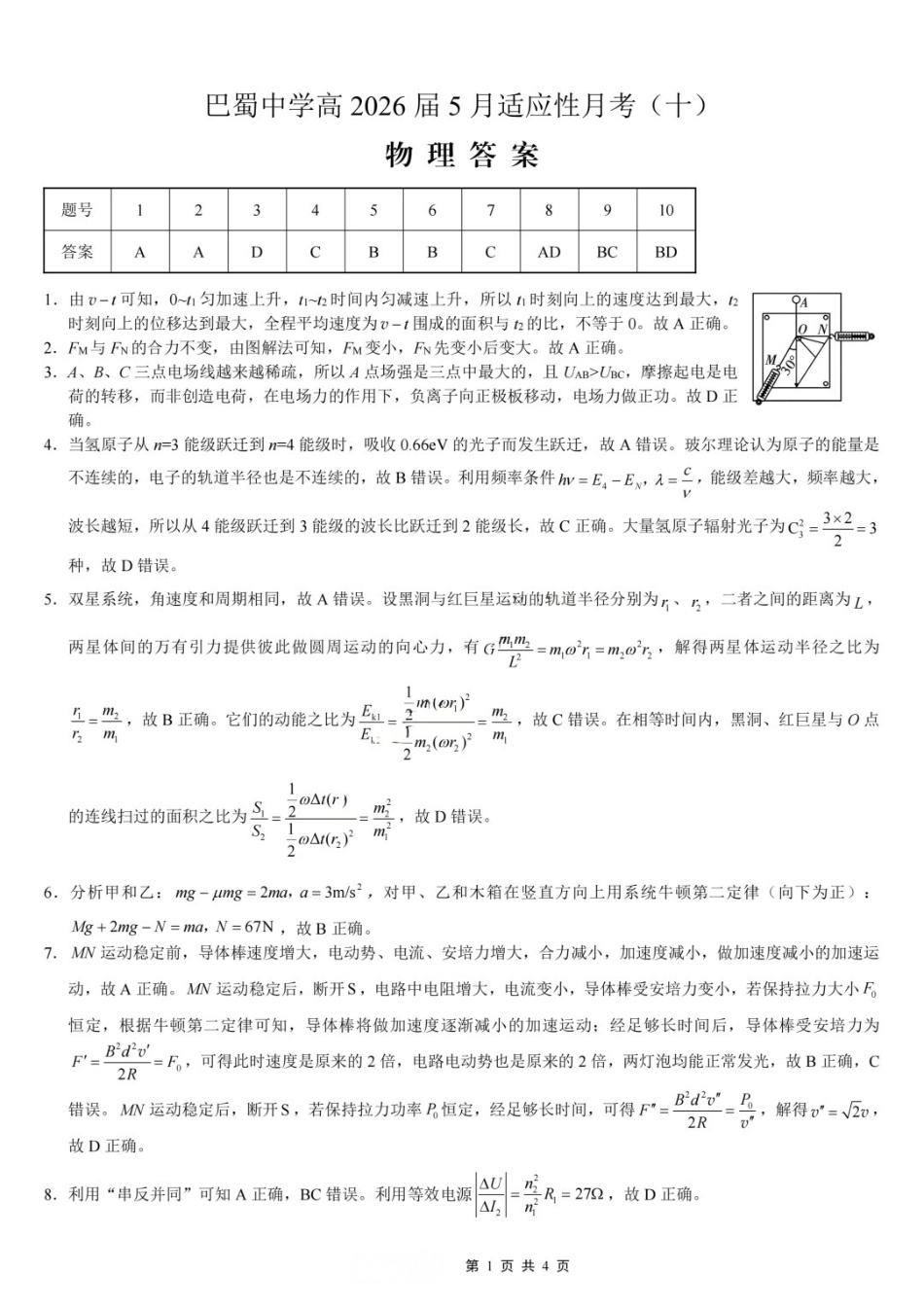 物理重庆市巴蜀中学高2026届高三年级5月适应性月考（十）(5.24-5.26)(1).docx_第1页