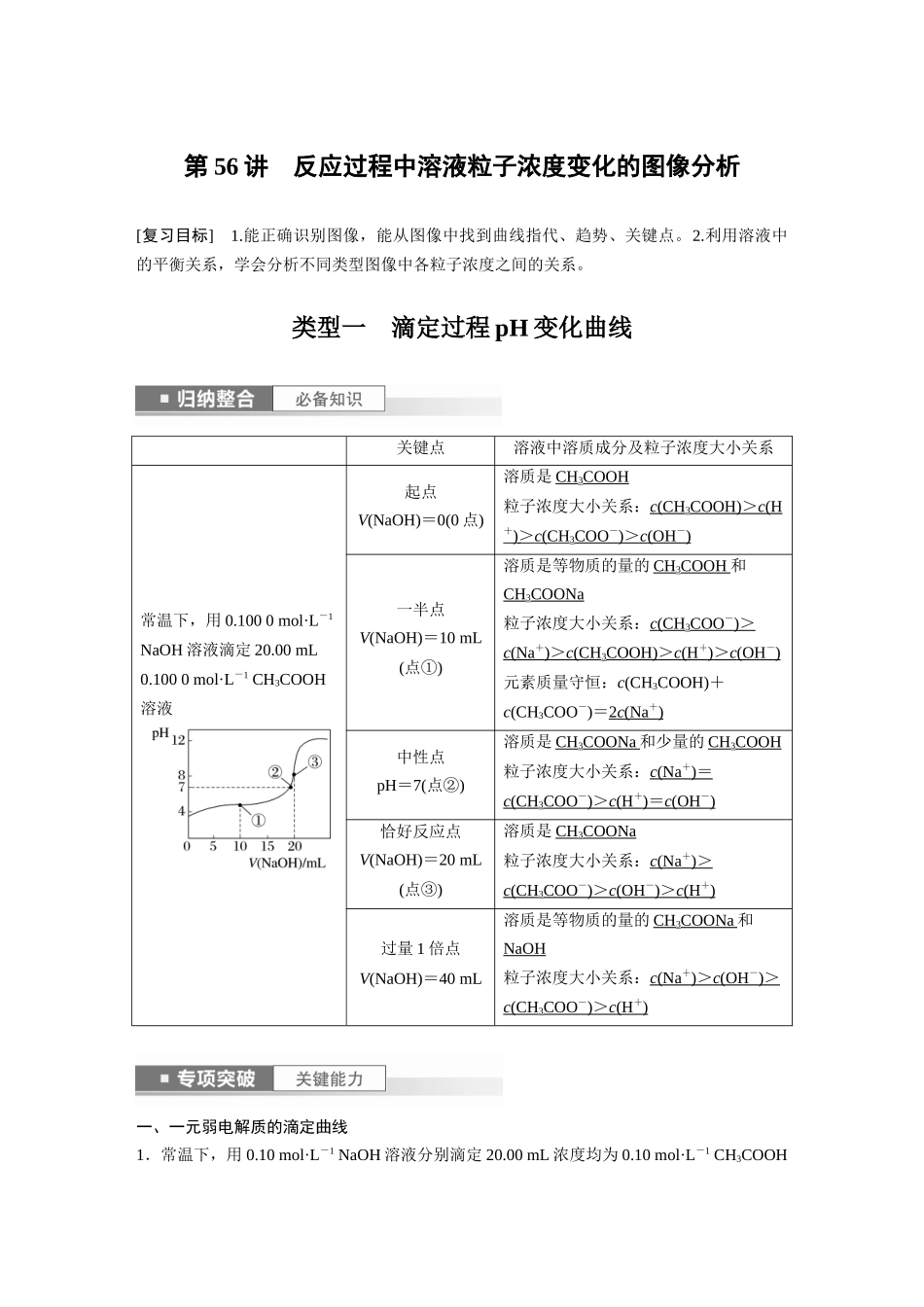 2024年高考化学一轮复习（新高考版） 第9章 第56讲　反应过程中溶液粒子浓度变化的图像分析.docx_第1页