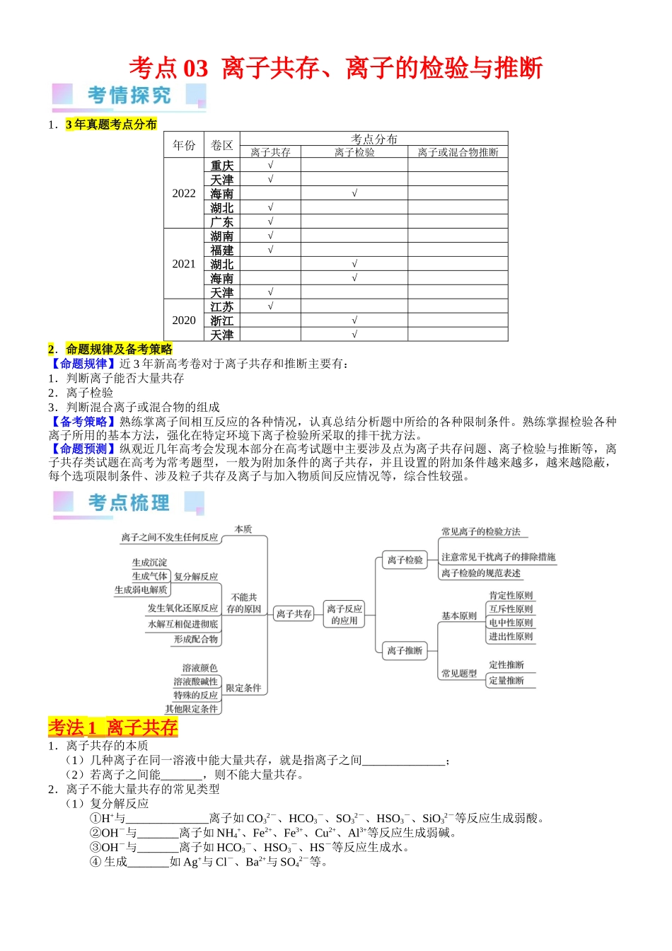 考点03 离子共存、离子的检验与推断（核心考点精讲精练）-备战2024年高考化学一轮复习考点帮（新高考专用）（学生版）.docx_第1页