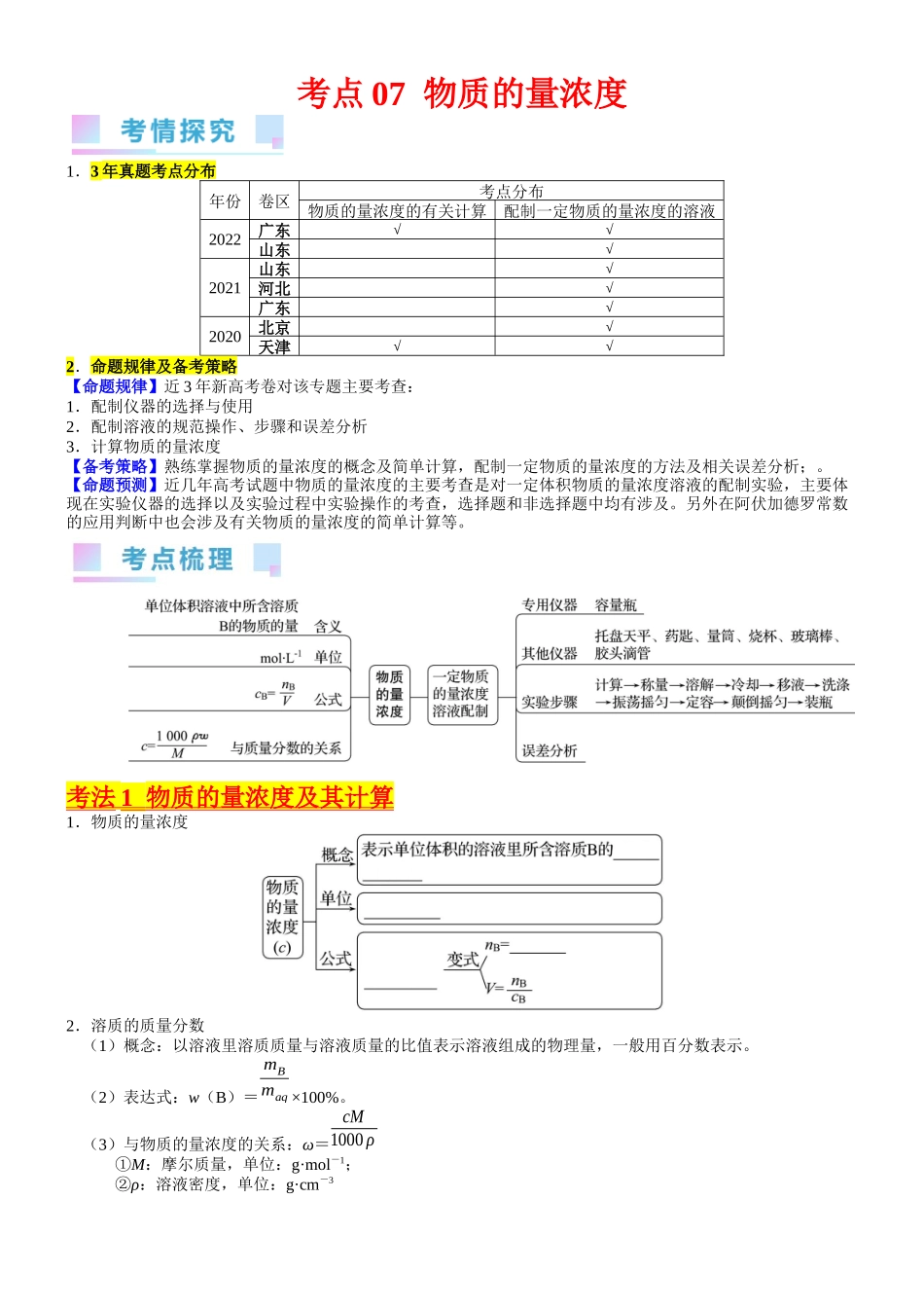 考点07 物质的量浓度（核心考点精讲精练）-备战2024年高考化学一轮复习考点帮（新高考专用）（学生版）.docx_第1页