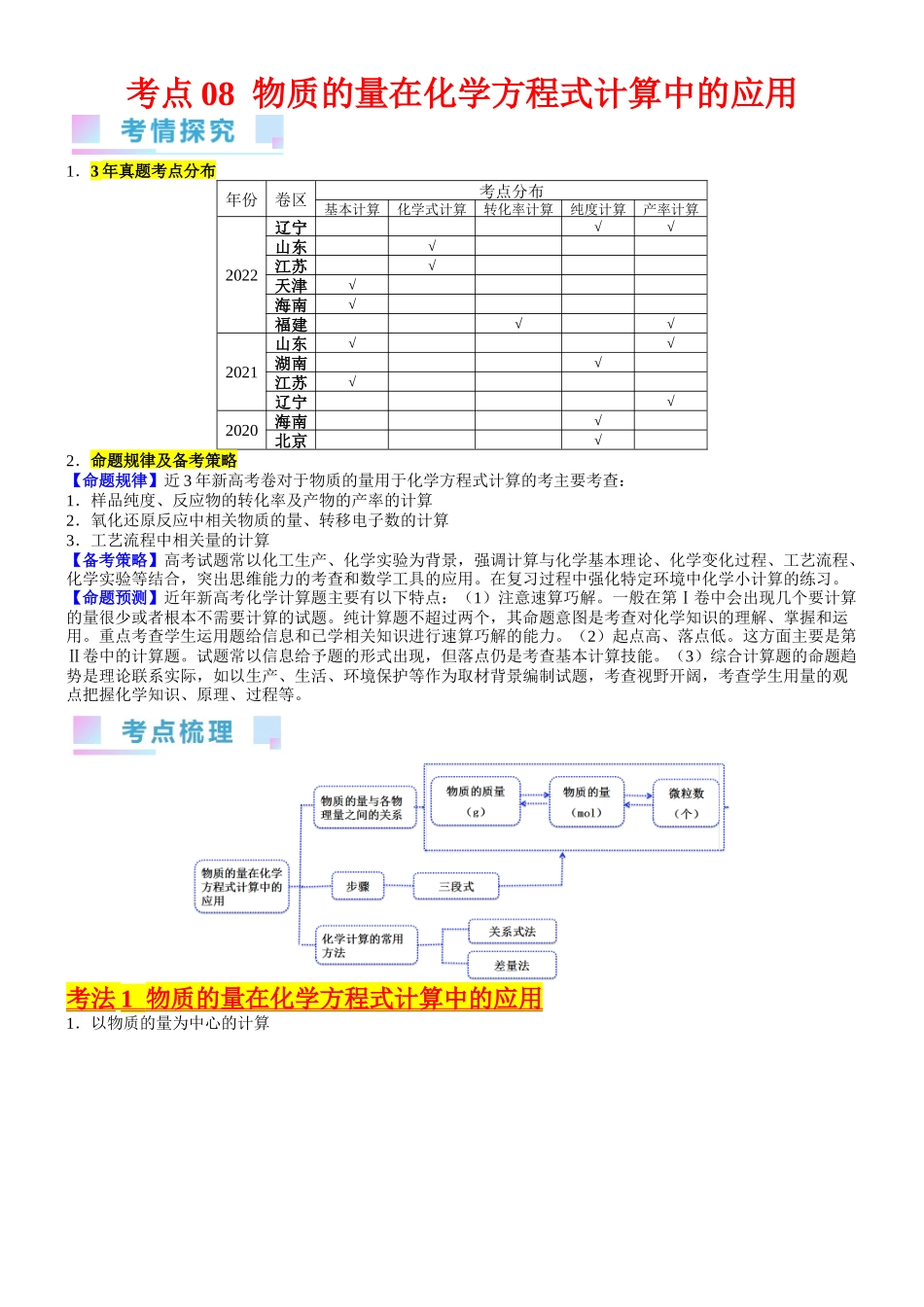 考点08 物质的量在化学方程式计算中的应用（核心考点精讲精练）-备战2024年高考化学一轮复习考点帮（新高考专用）（学生版）.docx_第1页