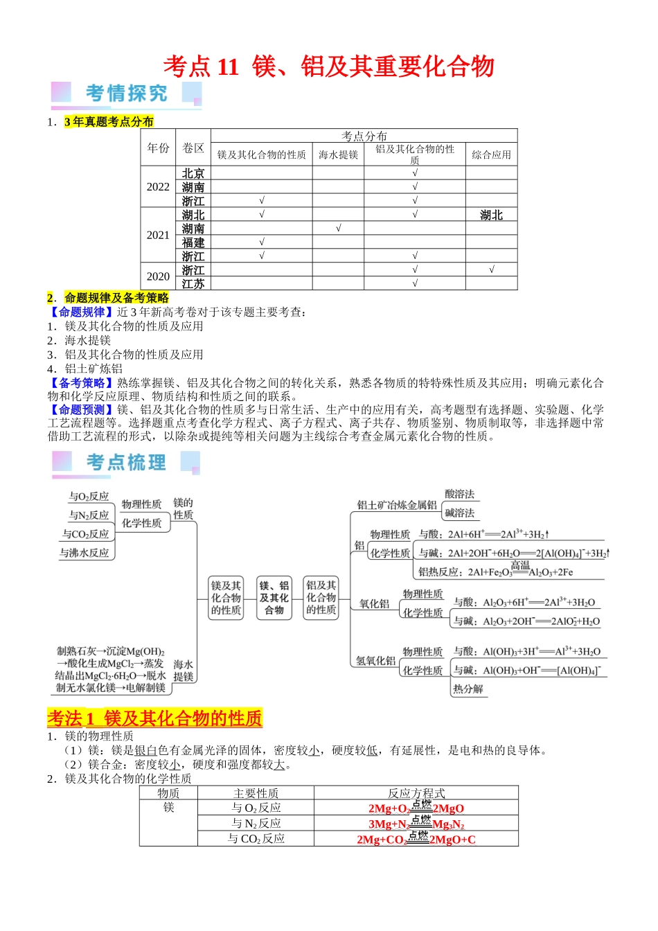 考点11  镁、铝及其重要化合物（核心考点精讲精练）-备战2024年高考化学一轮复习考点帮（新高考专用）（教师版）.docx_第1页