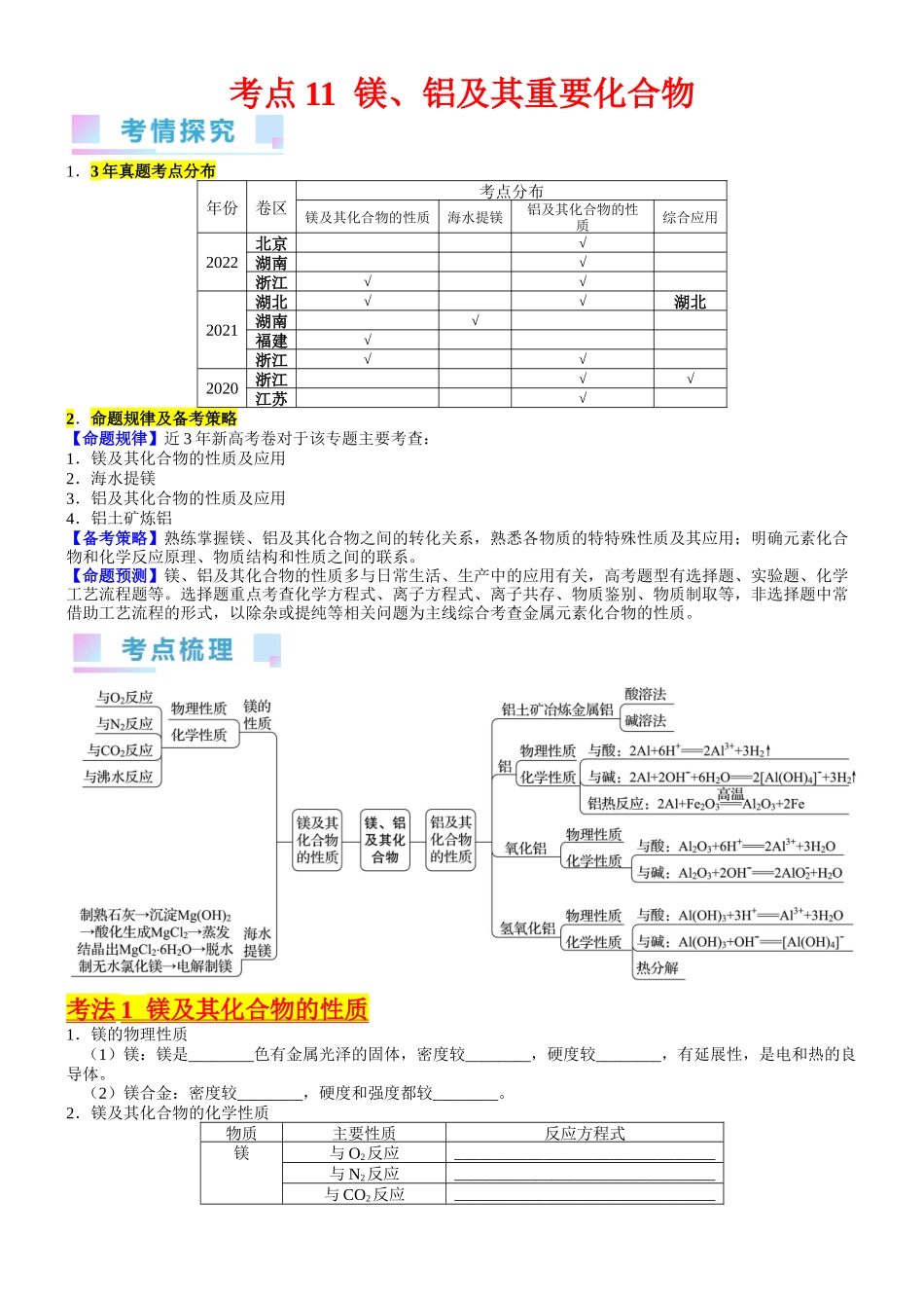 考点11  镁、铝及其重要化合物（核心考点精讲精练）-备战2024年高考化学一轮复习考点帮（新高考专用）（学生版）.docx_第1页