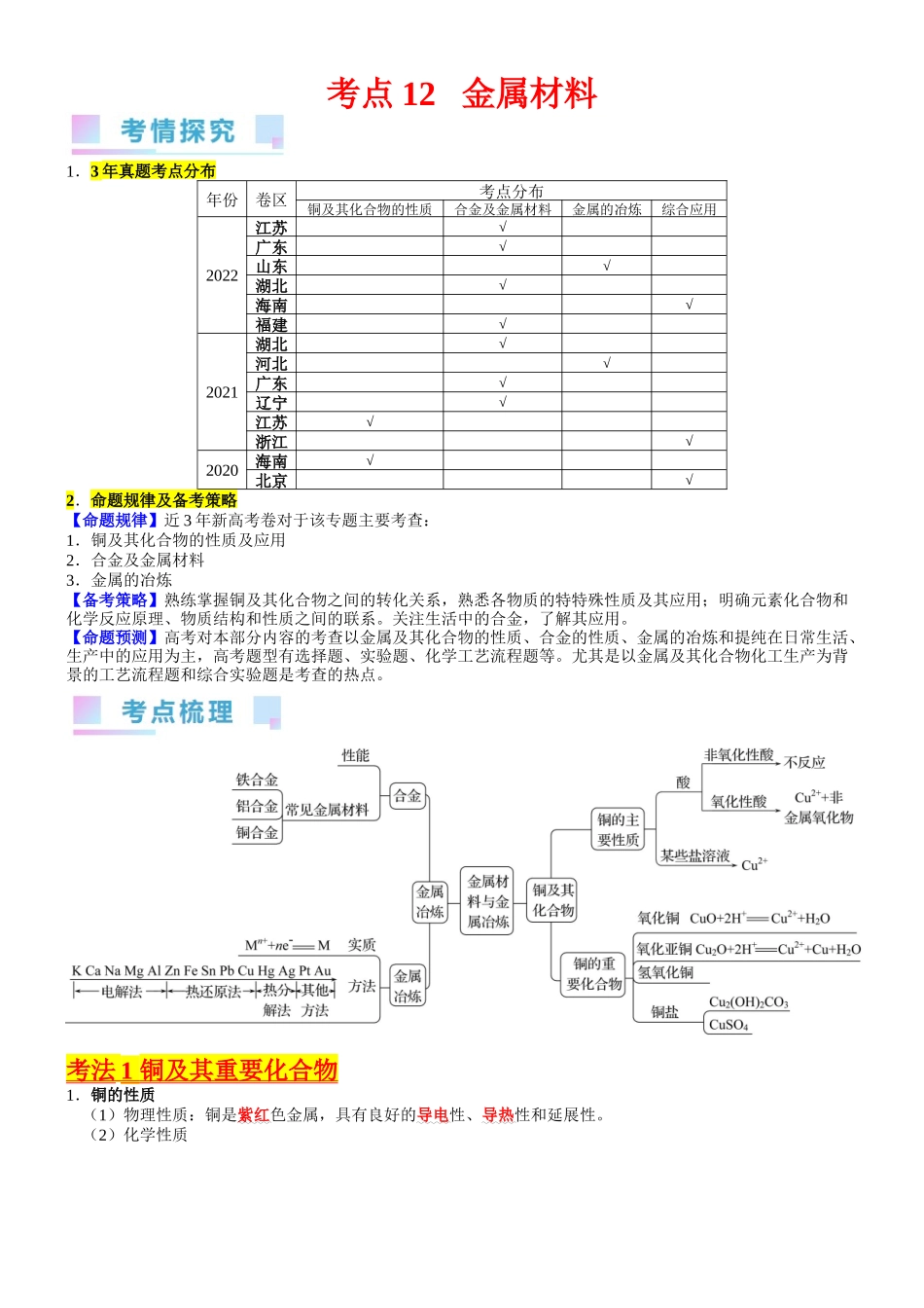 考点12  金属材料（核心考点精讲精练）-备战2024年高考化学一轮复习考点帮（新高考专用）（教师版）.docx_第1页