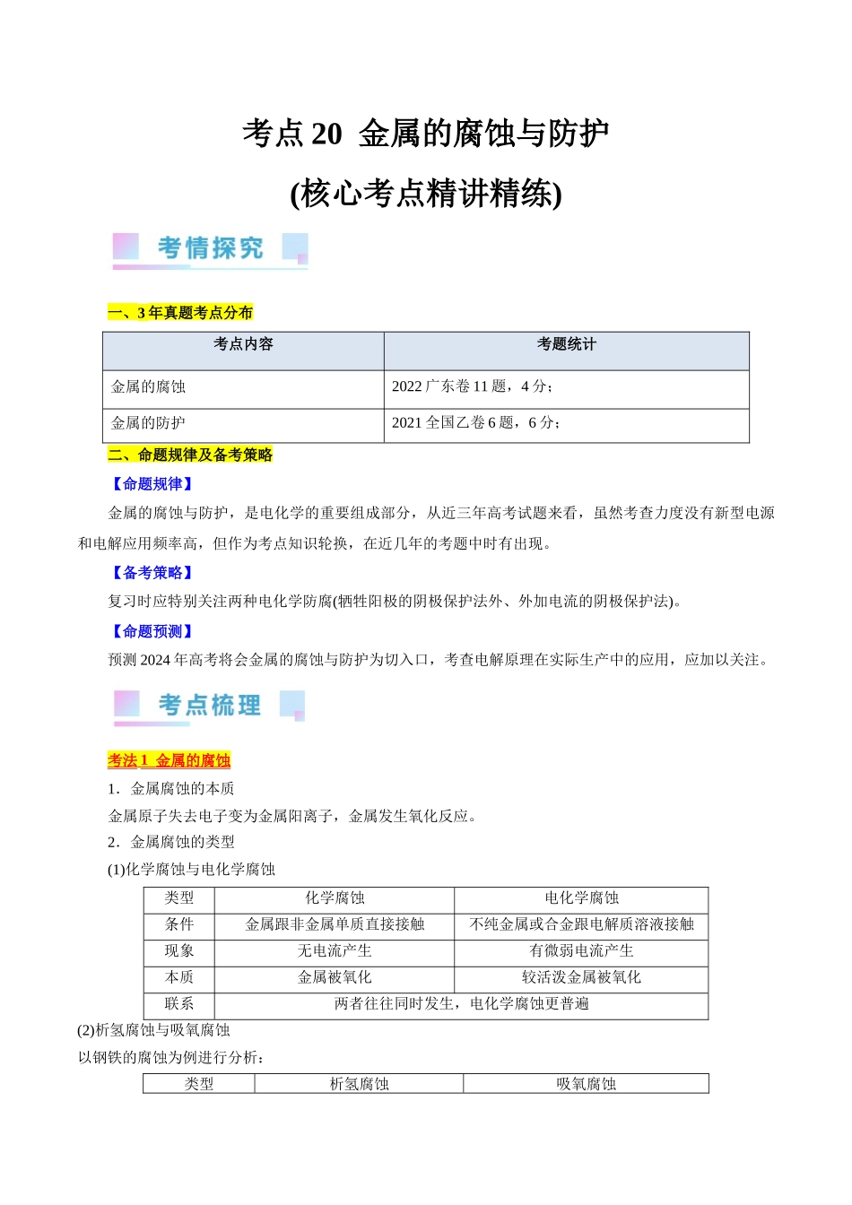 考点20  金属的腐蚀与防护(核心考点精讲精练).docx_第1页
