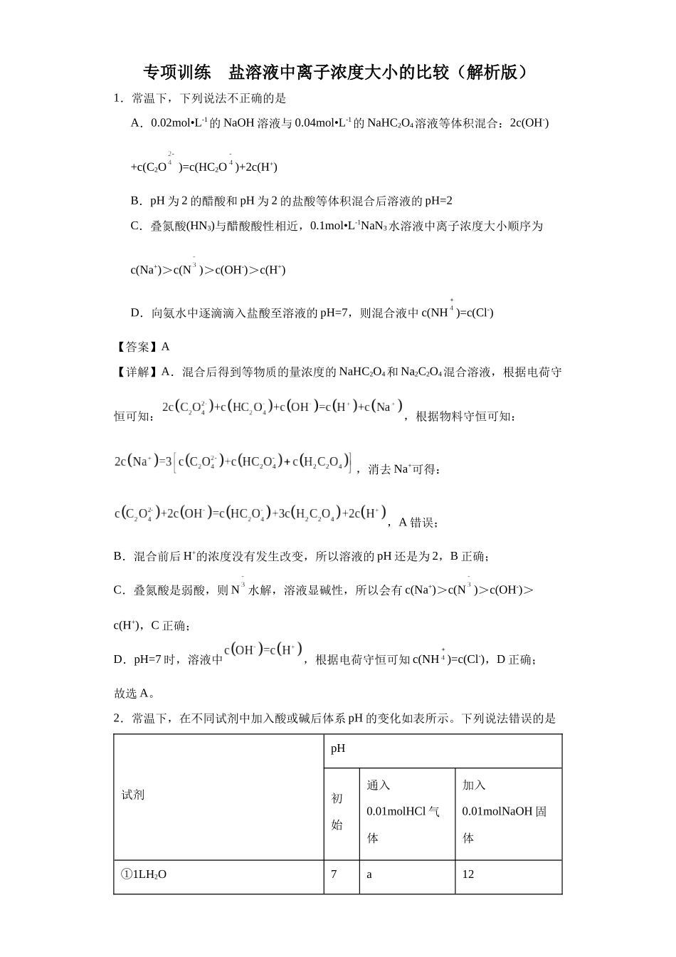 盐溶液中离子浓度大小的比较（解析版）.docx_第1页