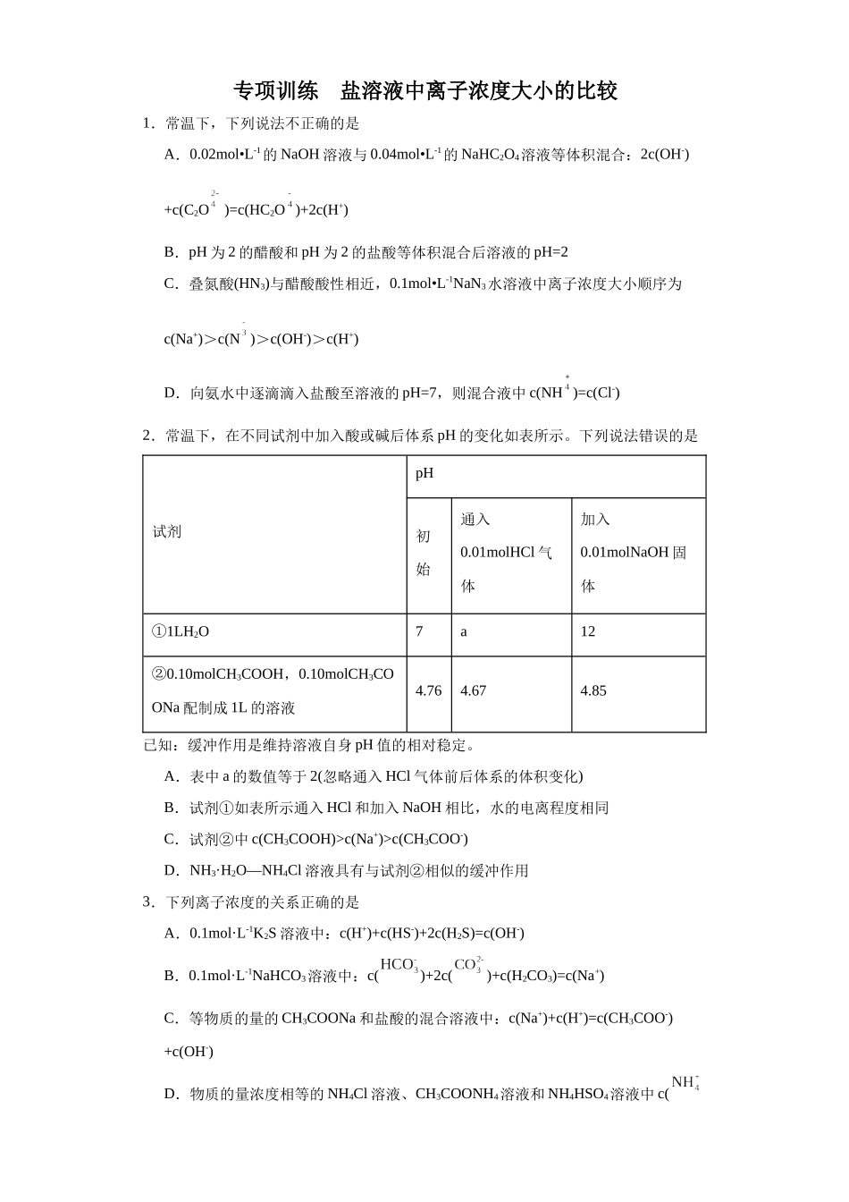 盐溶液中离子浓度大小的比较（原卷版）.docx_第1页