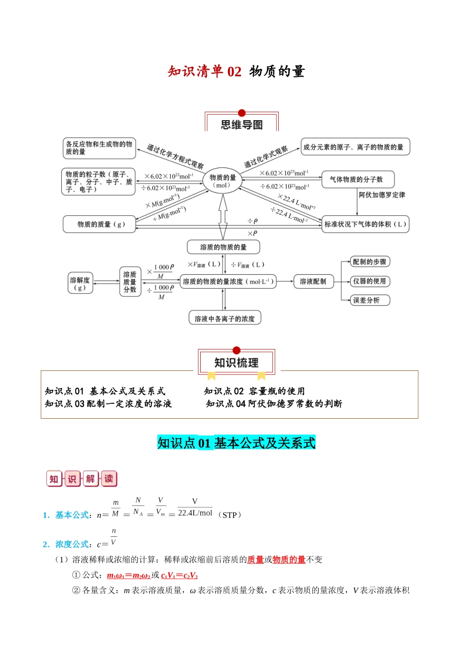 知识清单02  物质的量-2024年高考化学一轮复习知识清单.docx_第1页