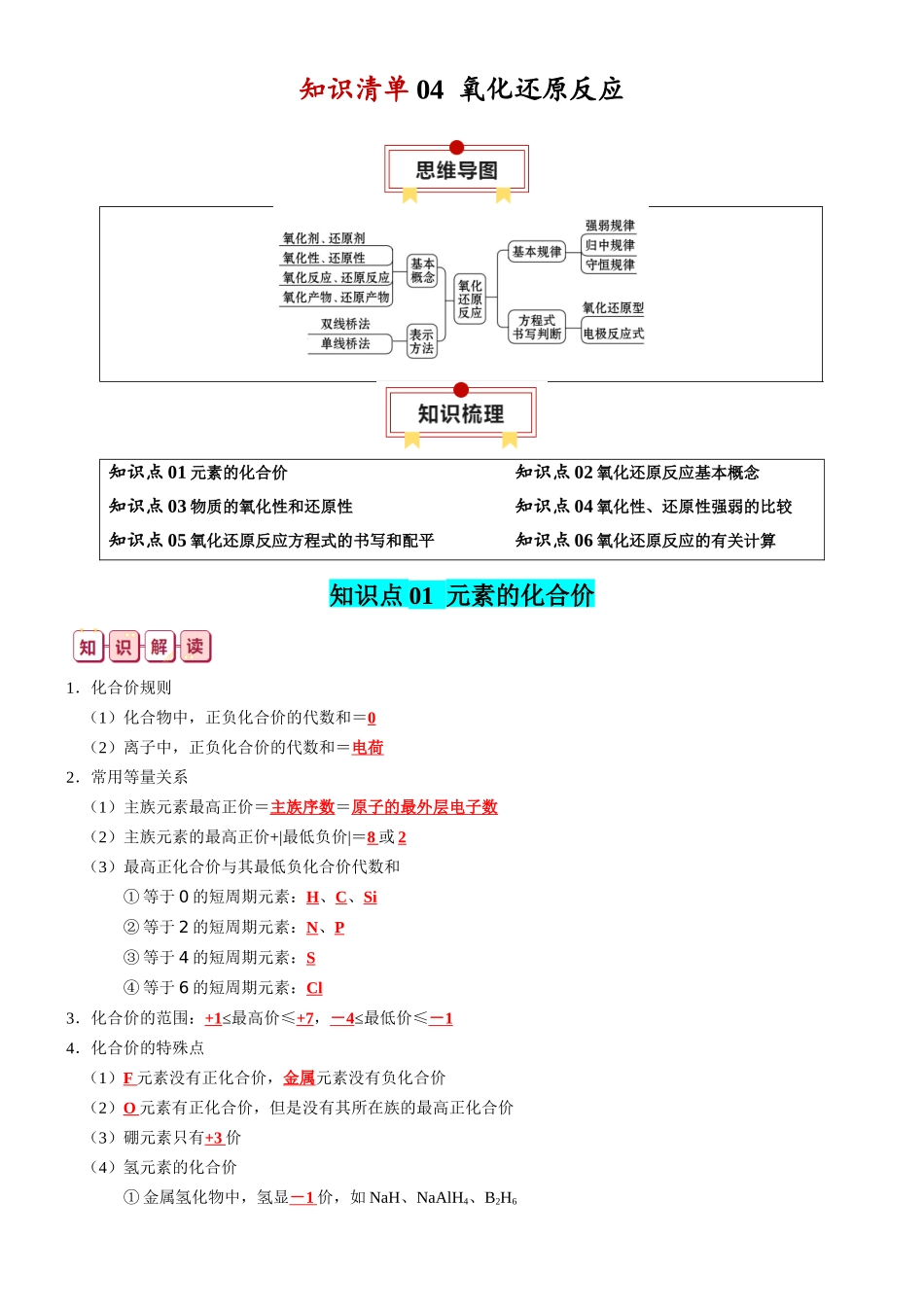 知识清单04  氧化还原反应-2024年高考化学一轮复习知识清单.docx_第1页
