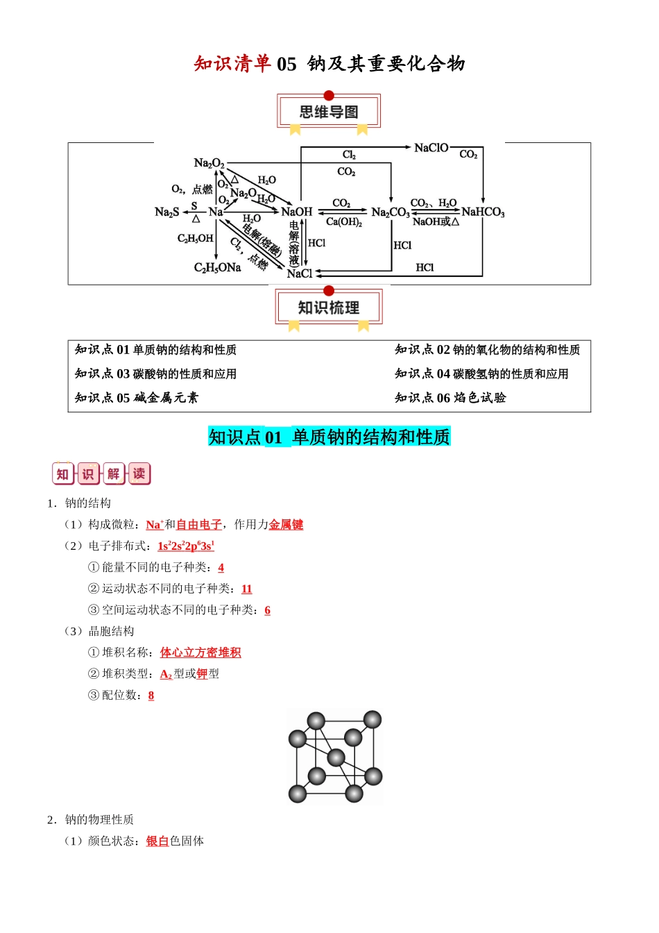 知识清单05  钠及其重要化合物-2024年高考化学一轮复习知识清单.docx_第1页
