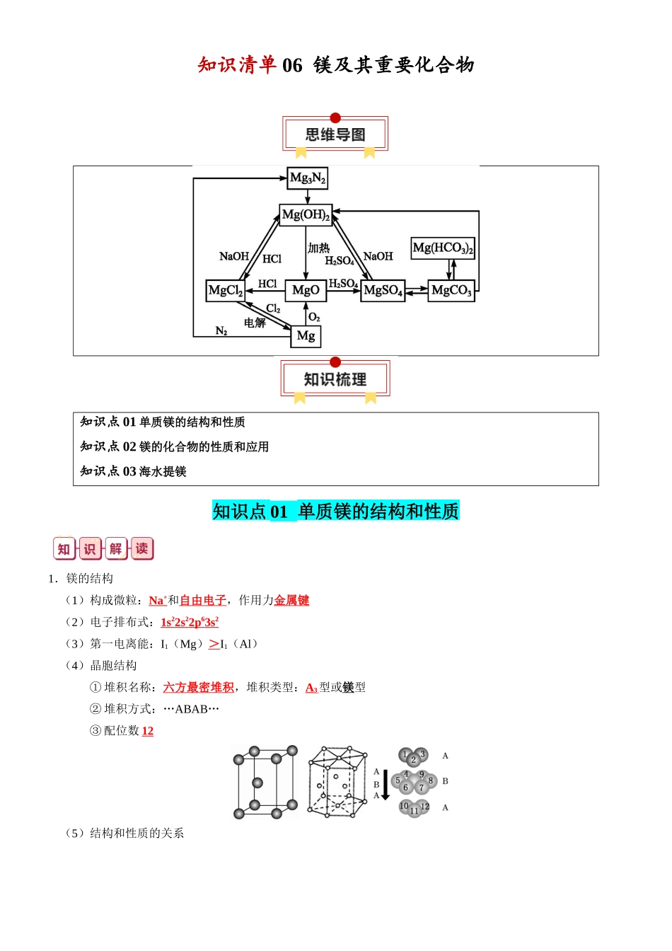 知识清单06  镁及其重要化合物-2024年高考化学一轮复习知识清单.docx_第1页