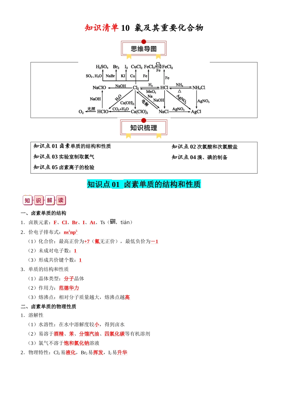知识清单10  氯及其重要化合物-2024年高考化学一轮复习知识清单.docx_第1页
