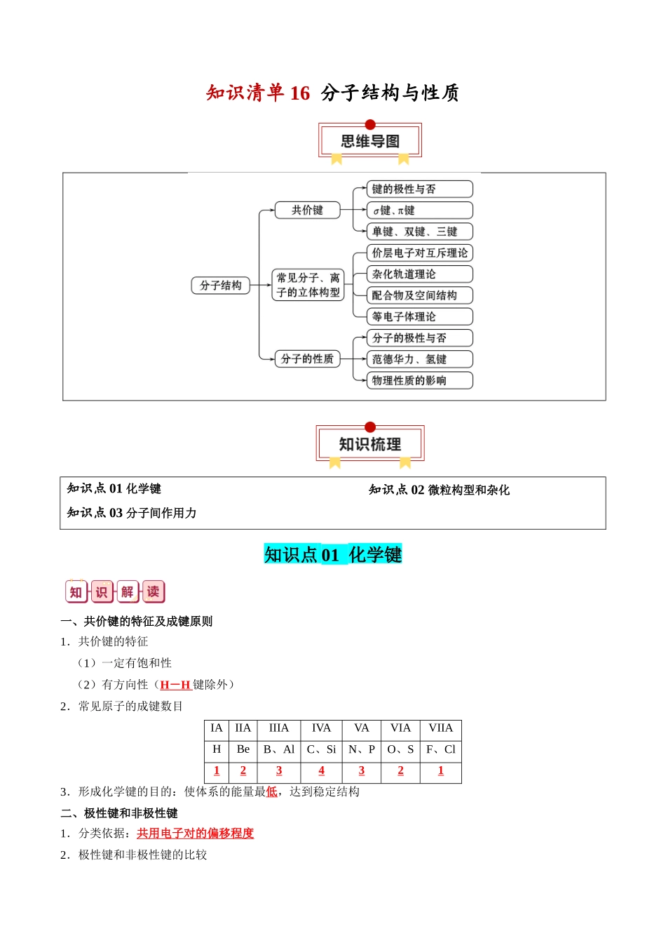 知识清单16  分子结构与性质-2024年高考化学一轮复习知识清单.docx_第1页