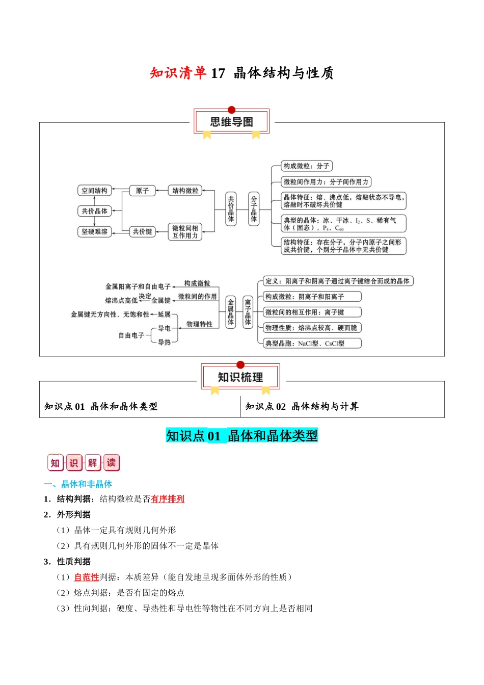 知识清单17 晶体结构与性质-2024年高考化学一轮复习知识清单.docx_第1页