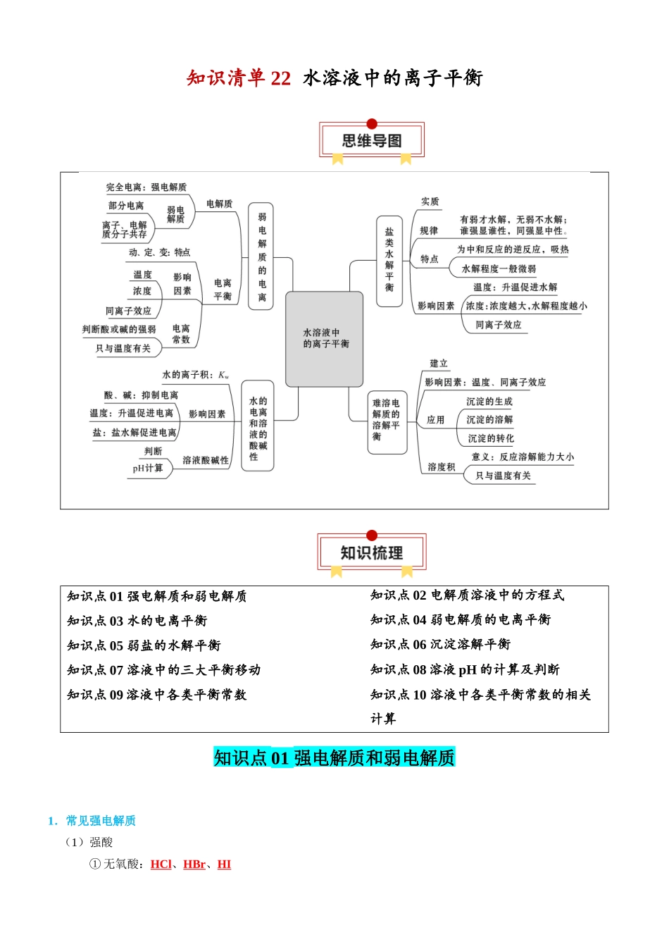 知识清单22  水溶液中的离子平衡-2024年高考化学一轮复习知识清单.docx_第1页