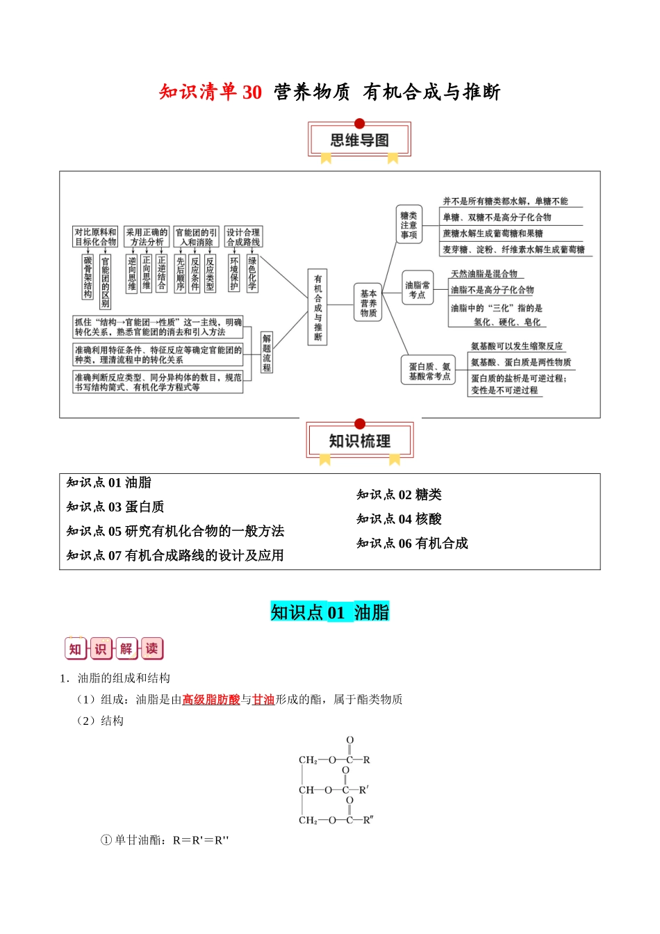 知识清单30 营养物质 有机合成与推断-2024年高考化学一轮复习知识清单.docx_第1页