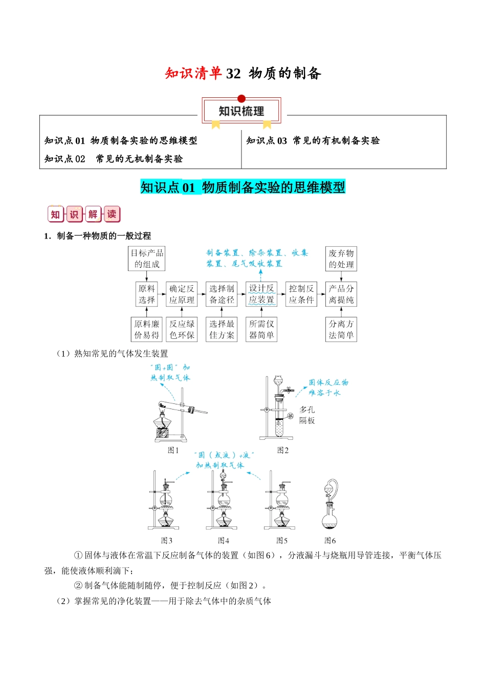 知识清单32 物质的制备-2024年高考化学一轮复习知识清单.docx_第1页
