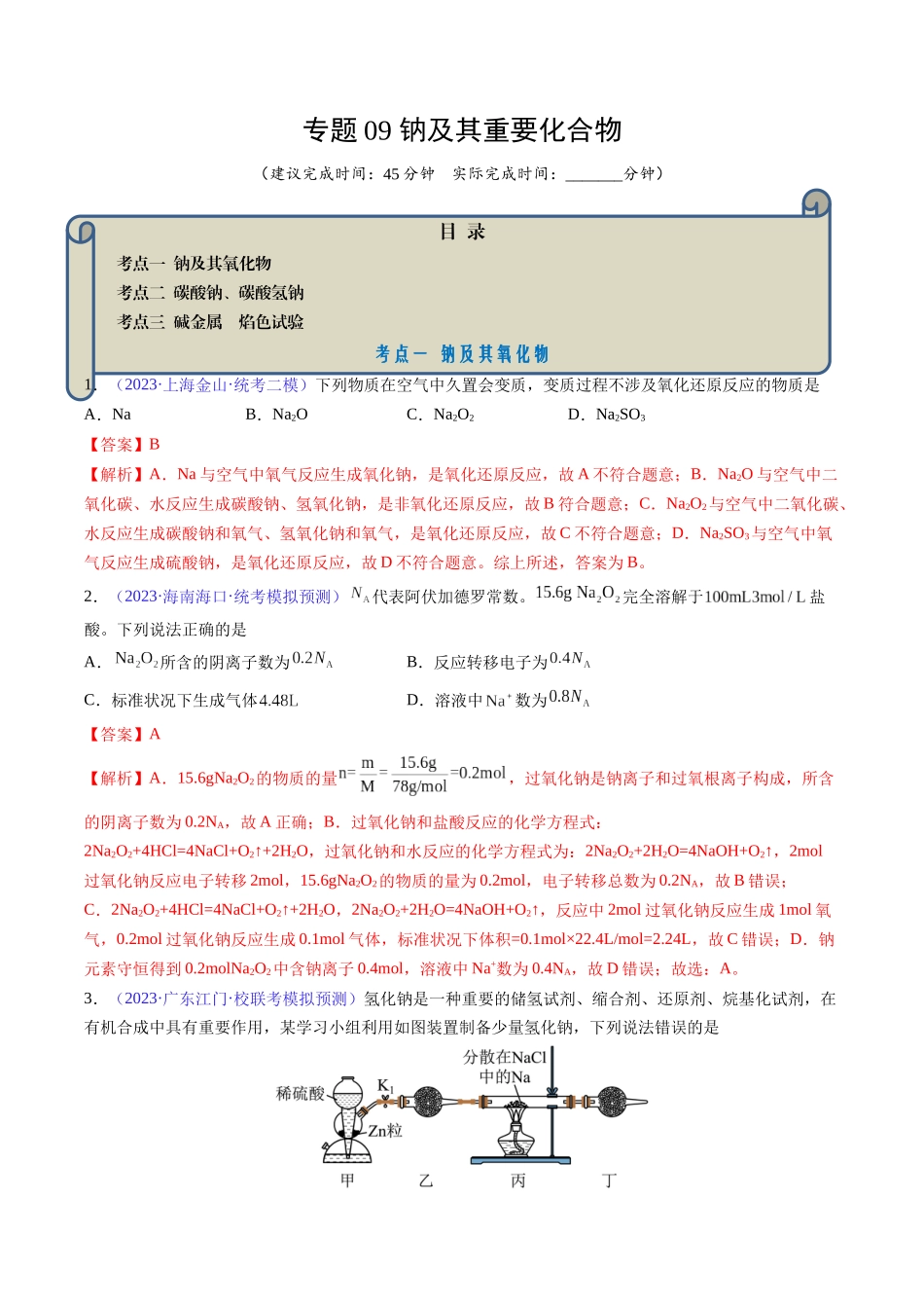 专题09 钠及其重要化合物-(解析版).docx_第1页