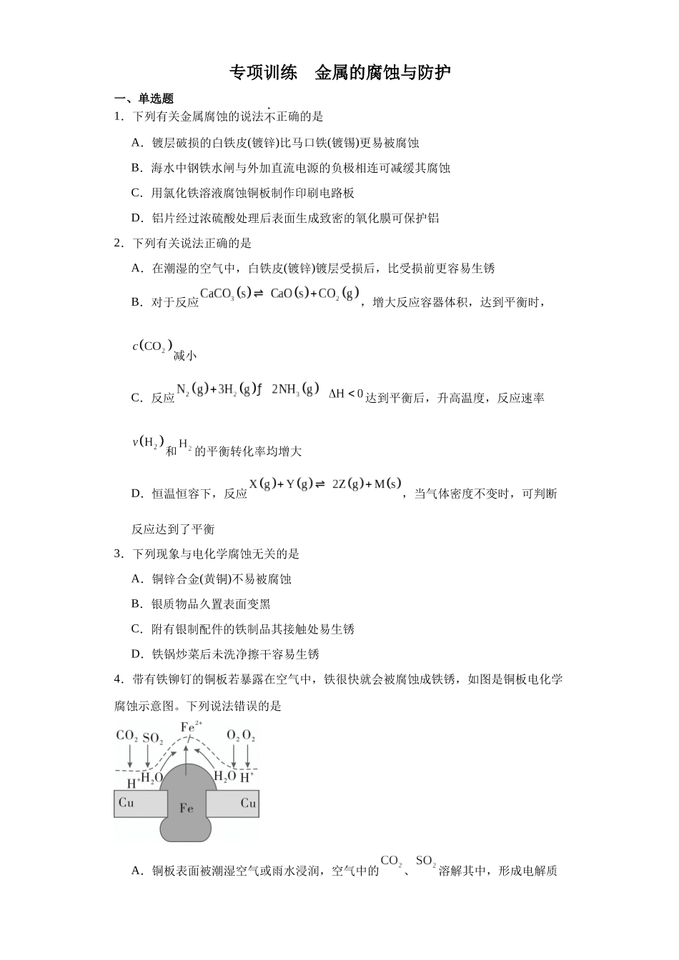 专项训练  金属的腐蚀与防护（原卷版）.docx_第1页