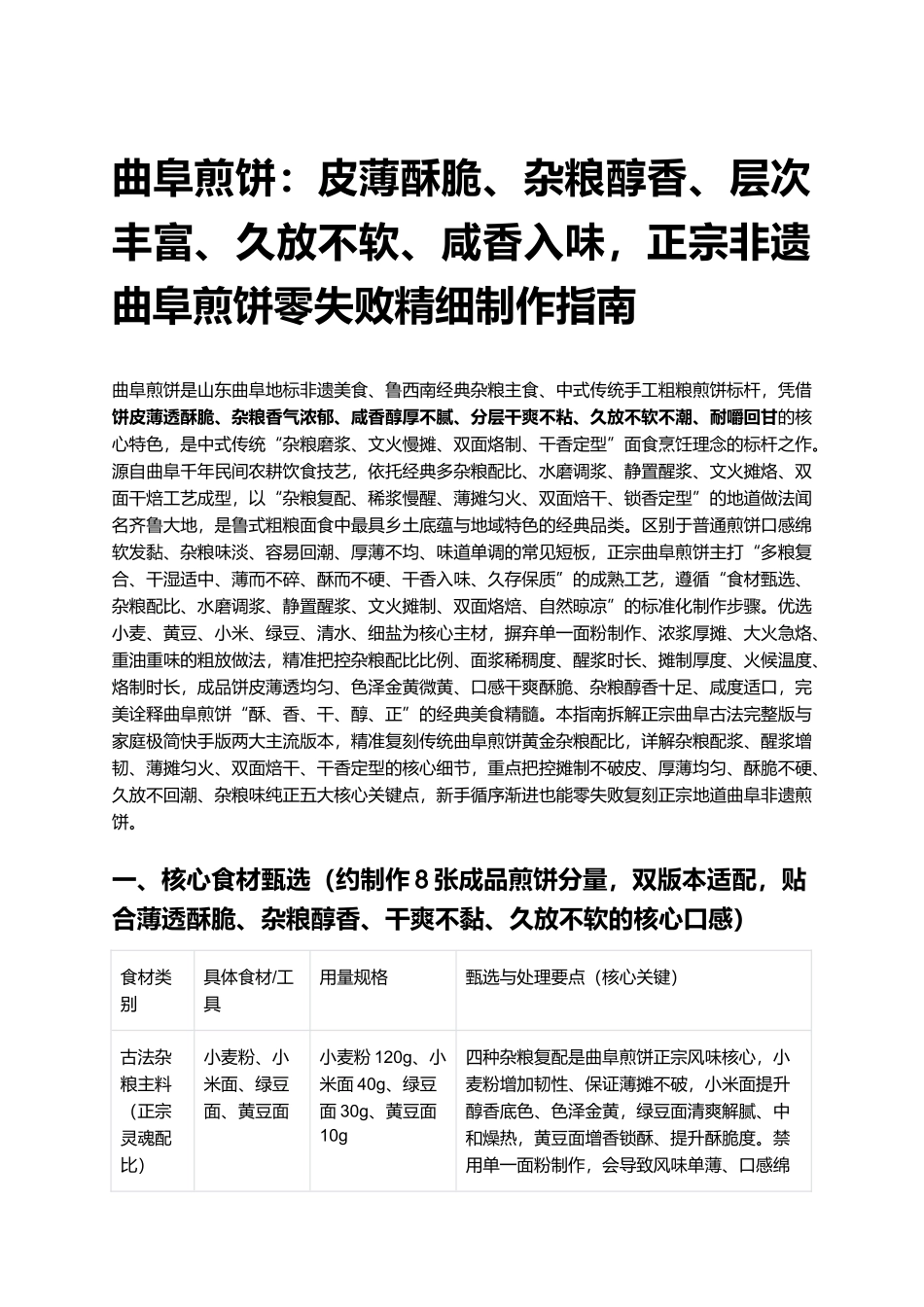 曲阜煎饼:皮薄酥脆、杂粮醇香、层次丰富、久放不软、咸香入味,正宗非遗曲阜煎饼零失败精细制作指南.docx_第1页