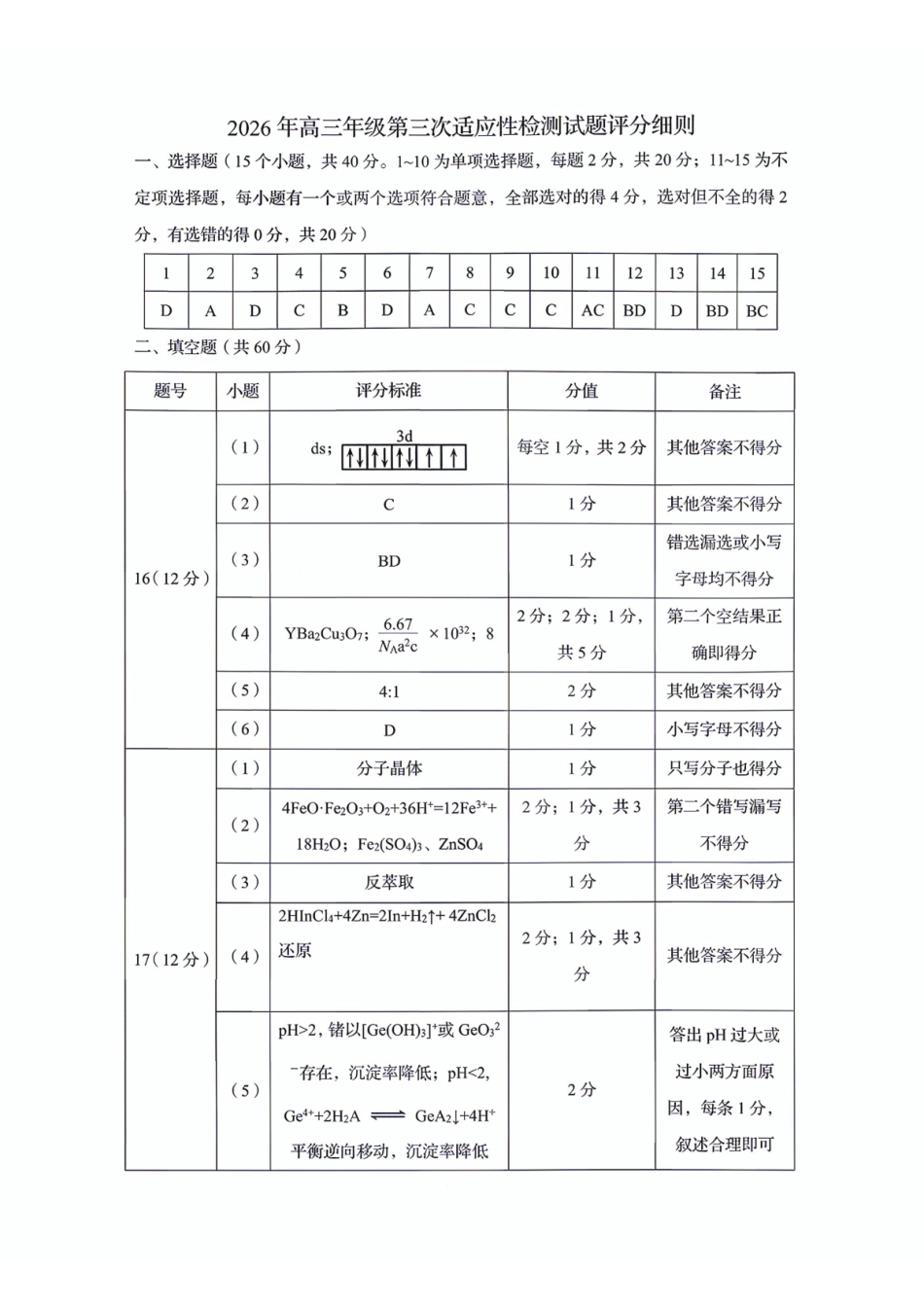 2026年高三年级第三次适应性检测化学答案.pdf_第1页