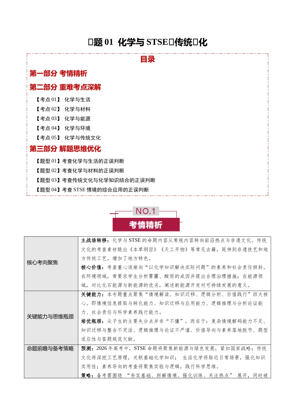 专题01 化学与STSE、传统文化(培优讲义)(教师版).docx_第1页