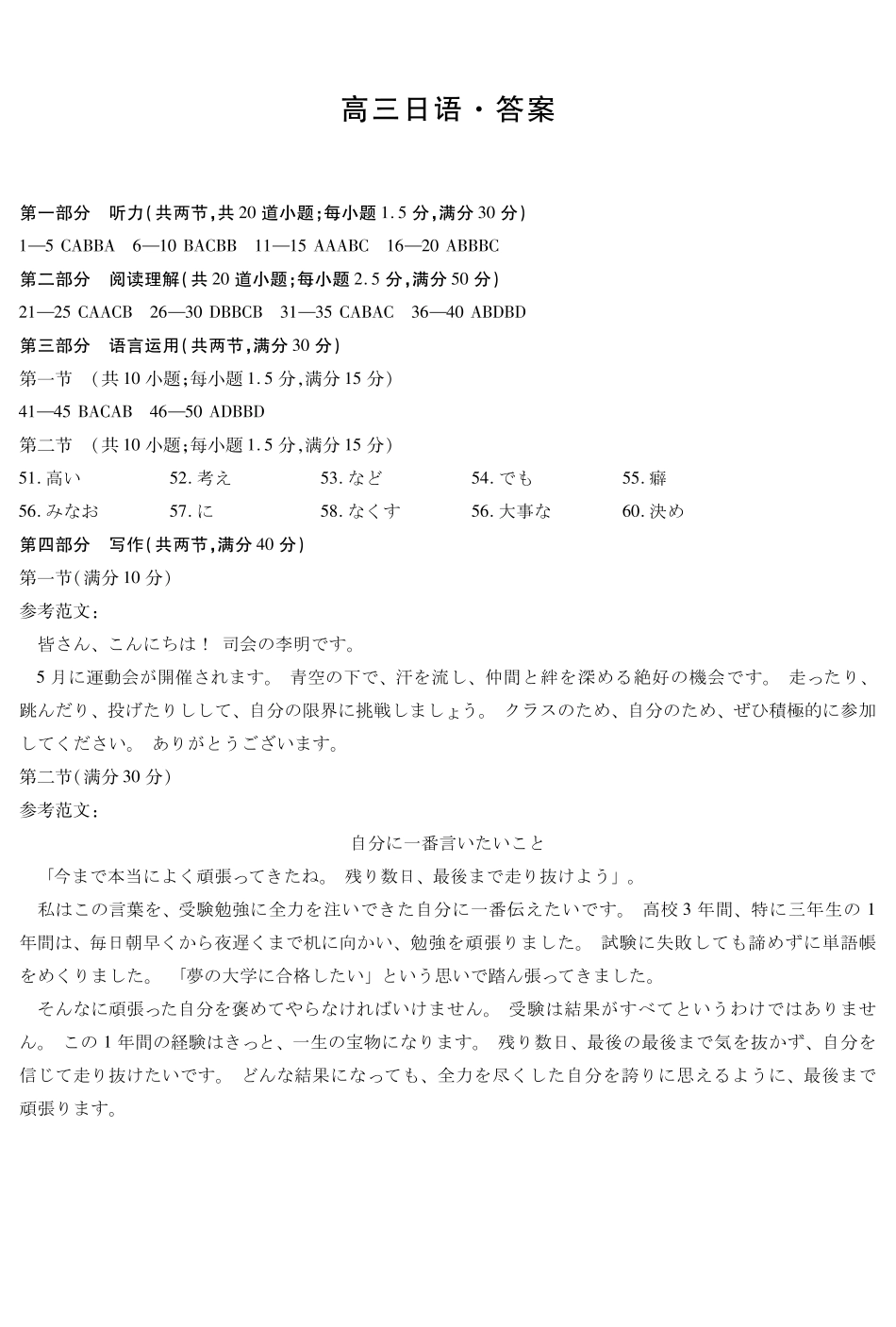 陕西2026届高三下学期25-27日联考日语答案.pdf_第1页
