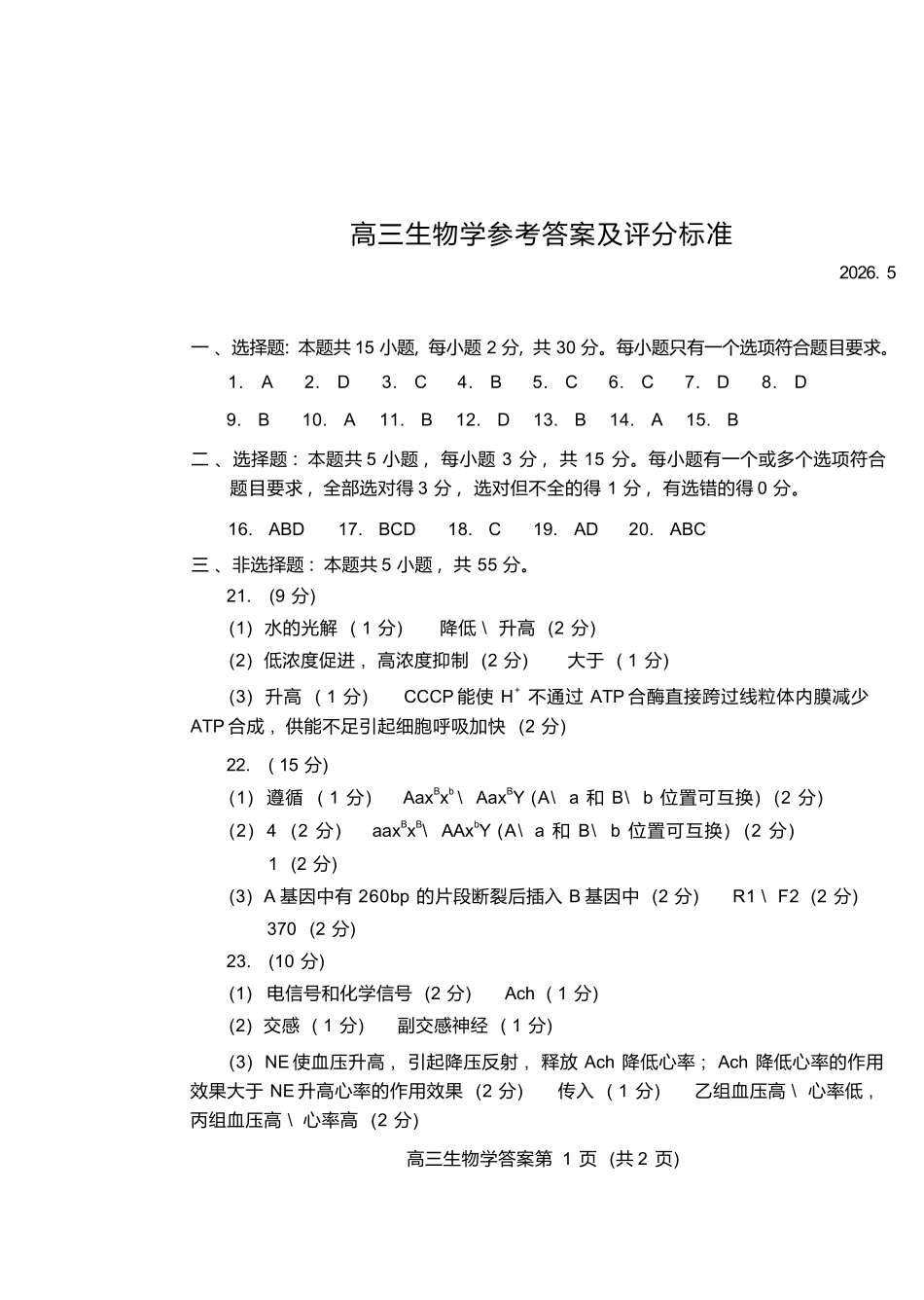 生物山东潍坊市2026年(届)高三年级高考模拟考试(潍坊高三三模A卷)(5.28-5.31).docx_第1页