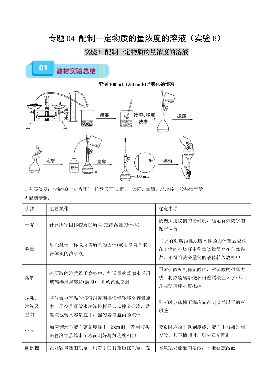 专题04 配制一定物质的量浓度的溶液(实验8)(原卷版).docx_第1页