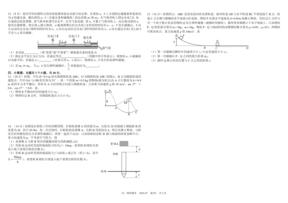 四川成都市树德中学2024-2025学年高一下学期期末考试物理含答案(可编辑)_副本.pdf_第2页