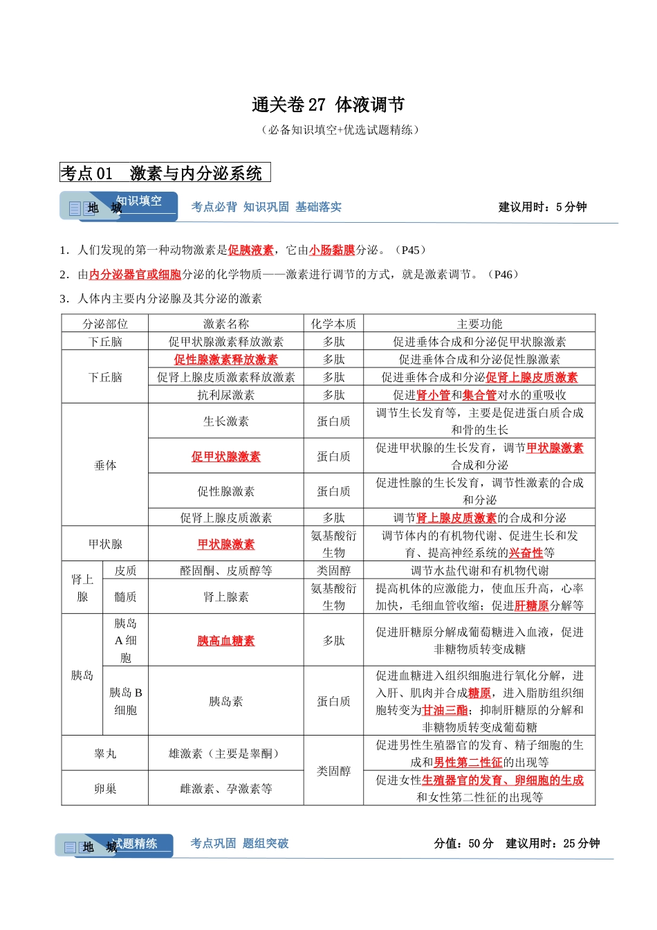 考点通关卷27 体液调节(解析版).docx_第1页