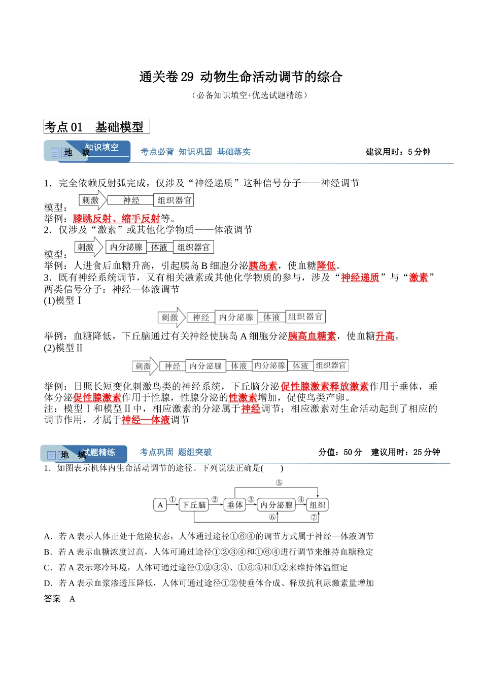 考点通关卷29 动物生命活动调节的综合(解析版).docx_第1页