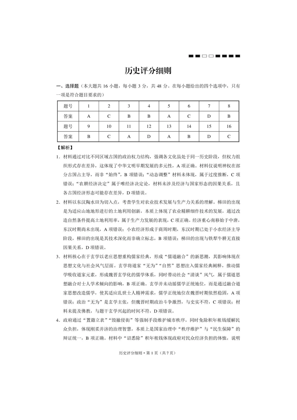 西南名校联盟2026届“3+3+3”高三考前学情自测历史答案.pdf_第1页