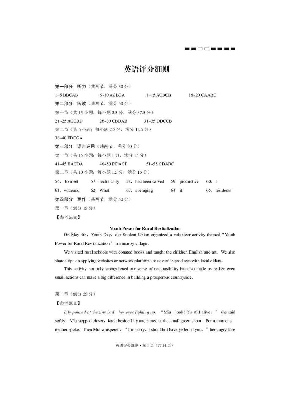 西南名校联盟2026届“3+3+3”高三考前学情自测英语答案.pdf_第1页