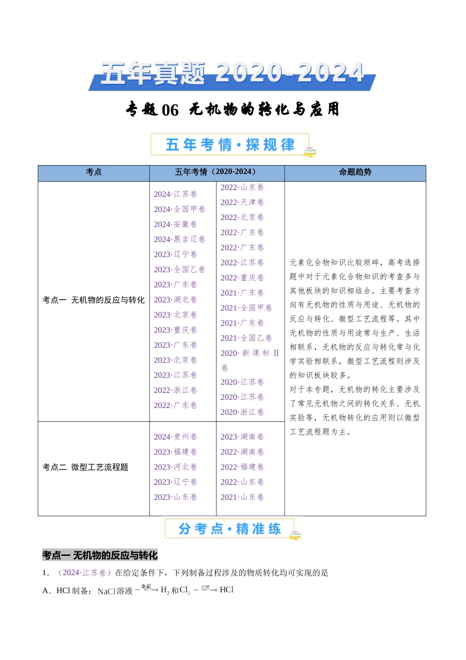 专题06 无机物的转化与应用(全国通用)(解析版).docx_第1页