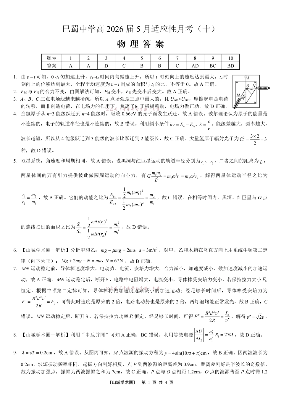 重庆巴蜀中学高2026届5月适应性月考(十)物理答案.pdf_第1页