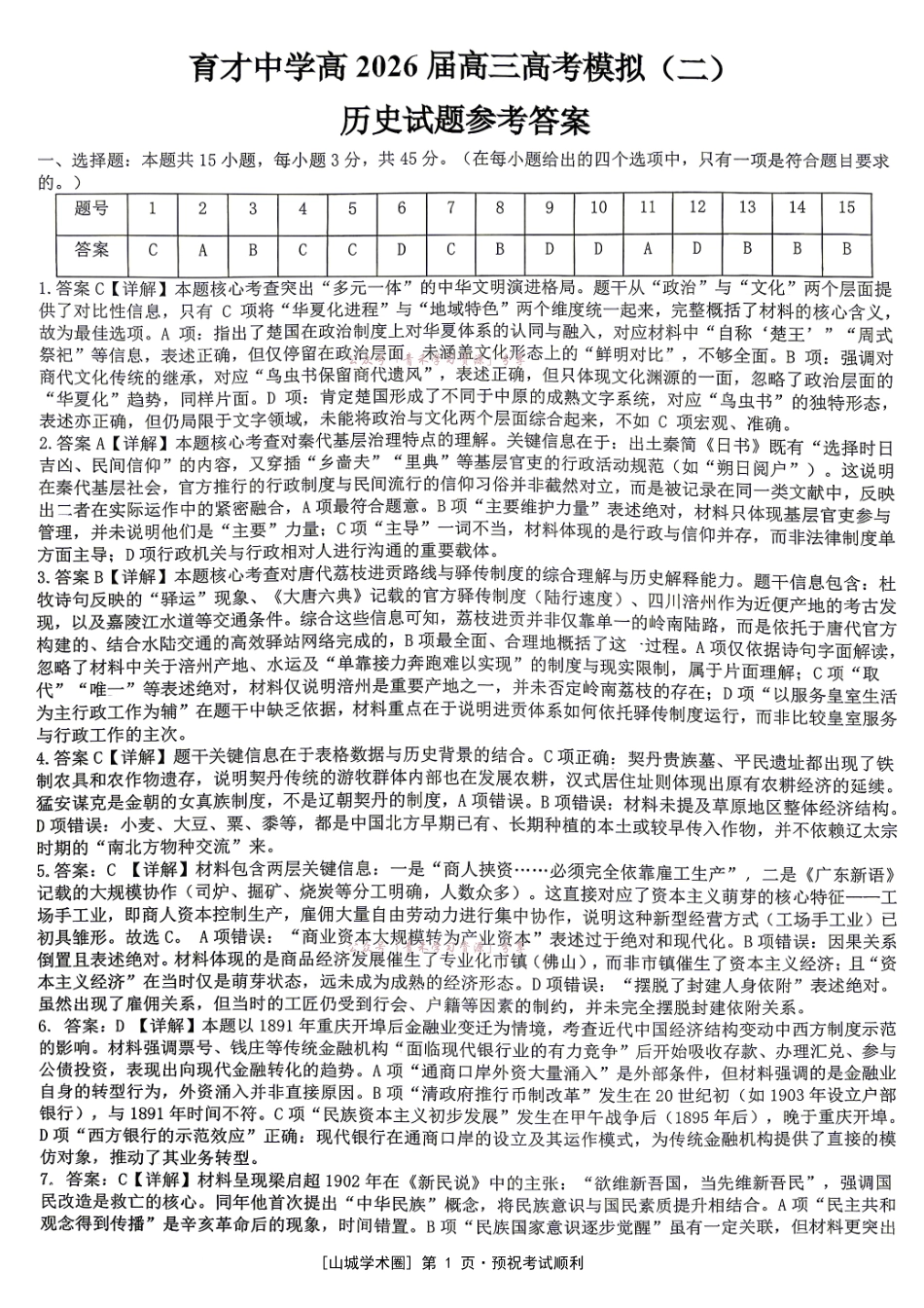 重庆育才中学高2026届高考模拟考试(二)历史答案.pdf_第1页