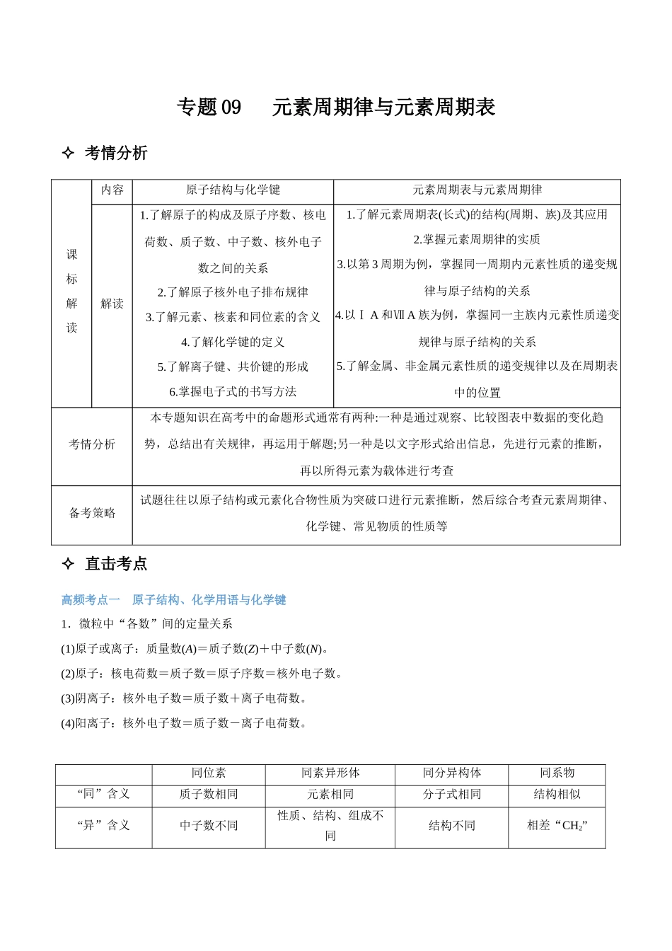专题09 元素周期律与元素周期表 讲义(考情+考点+跟踪训练).docx_第1页