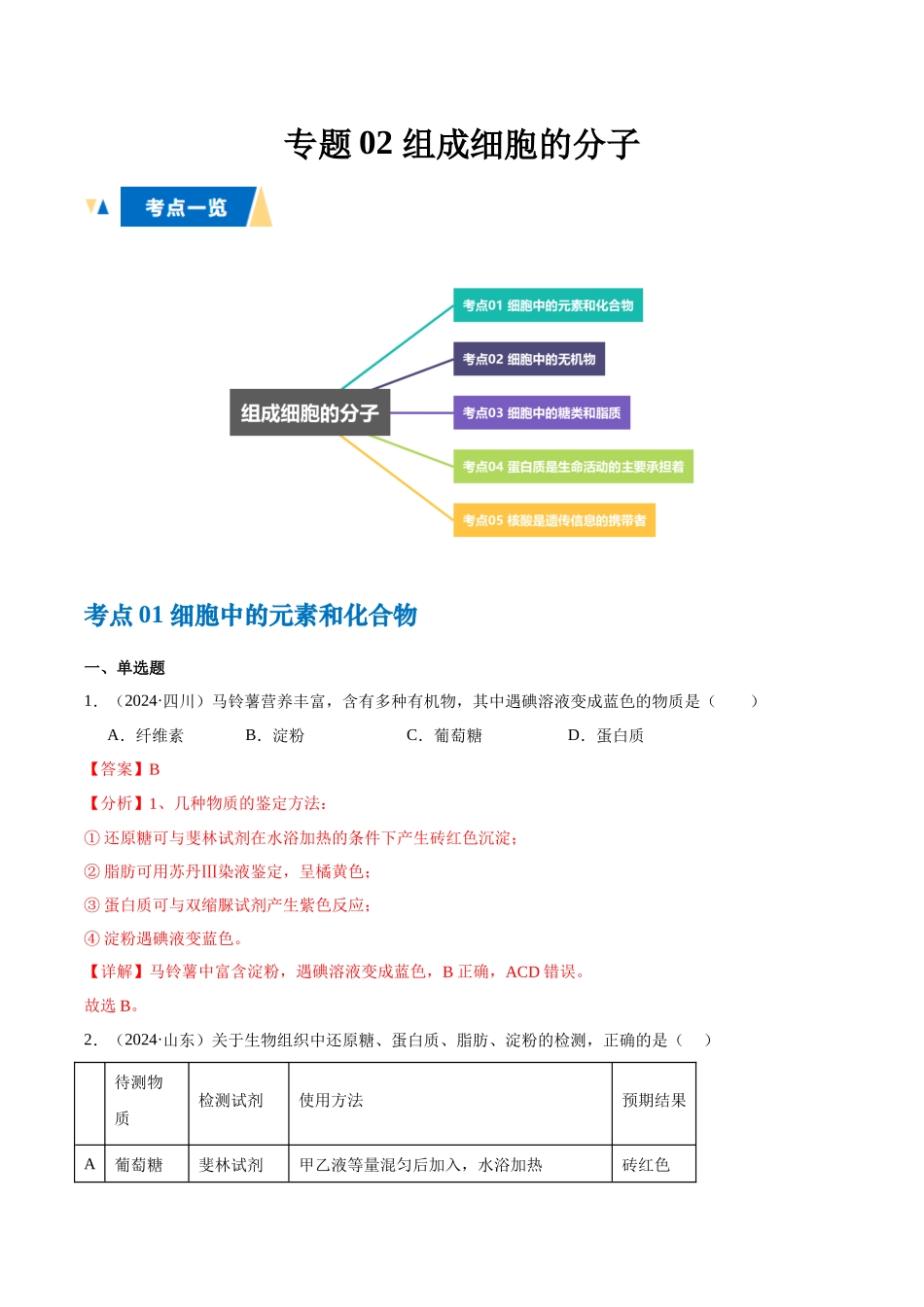专题02 组成细胞的分子(教师版).docx_第1页