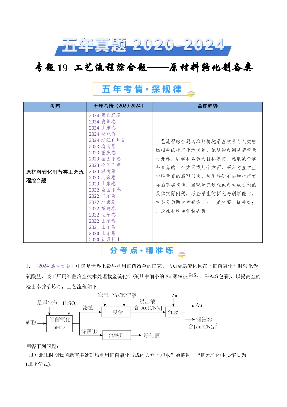 专题19 化学工艺流程综合题——原材料转化制备类（全国通用）（原卷版）.docx_第1页