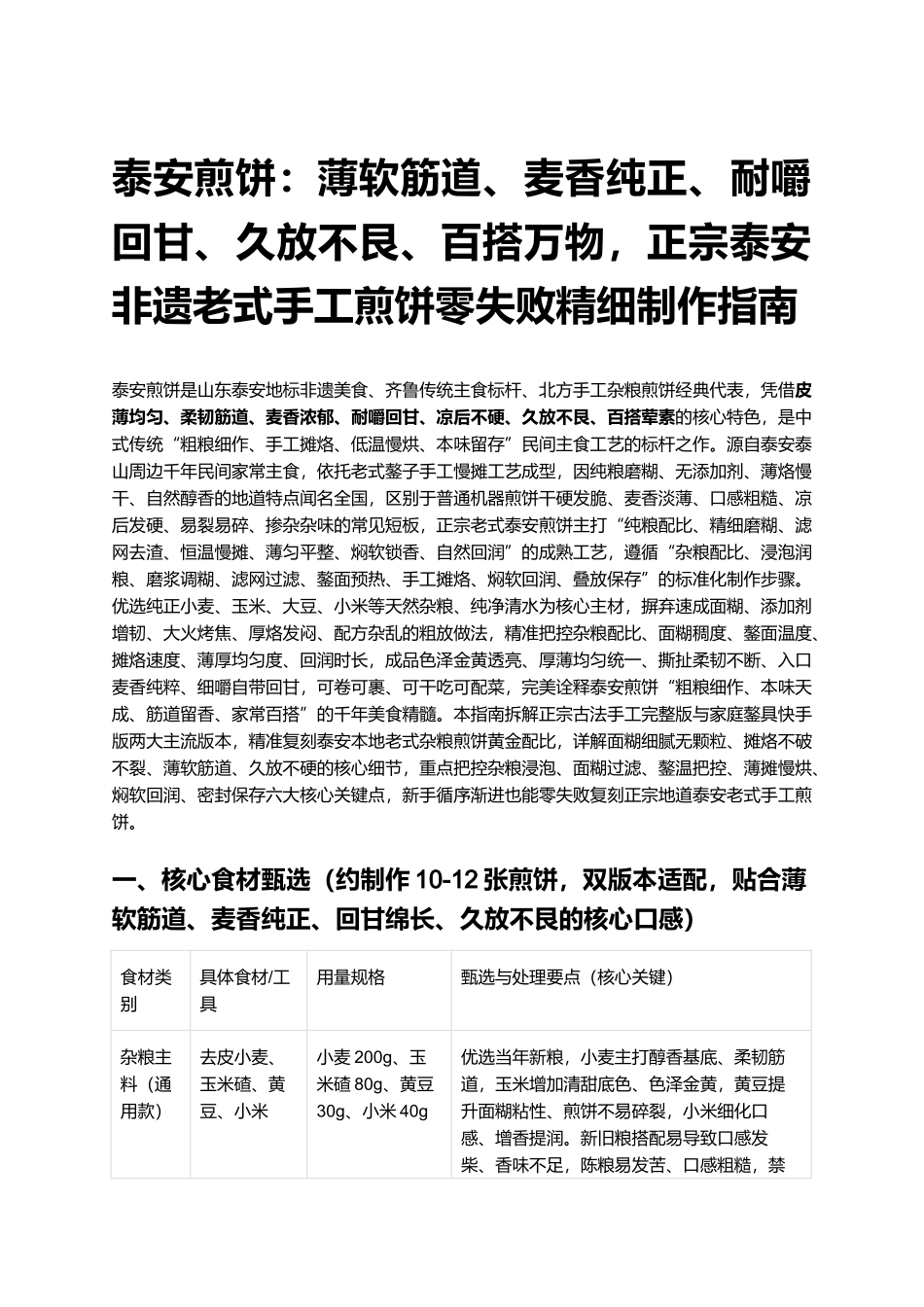 泰安煎饼：薄软筋道、麦香纯正、耐嚼回甘、久放不艮、百搭万物，正宗泰安非遗老式手工煎饼零失败精细制作指南.docx_第1页