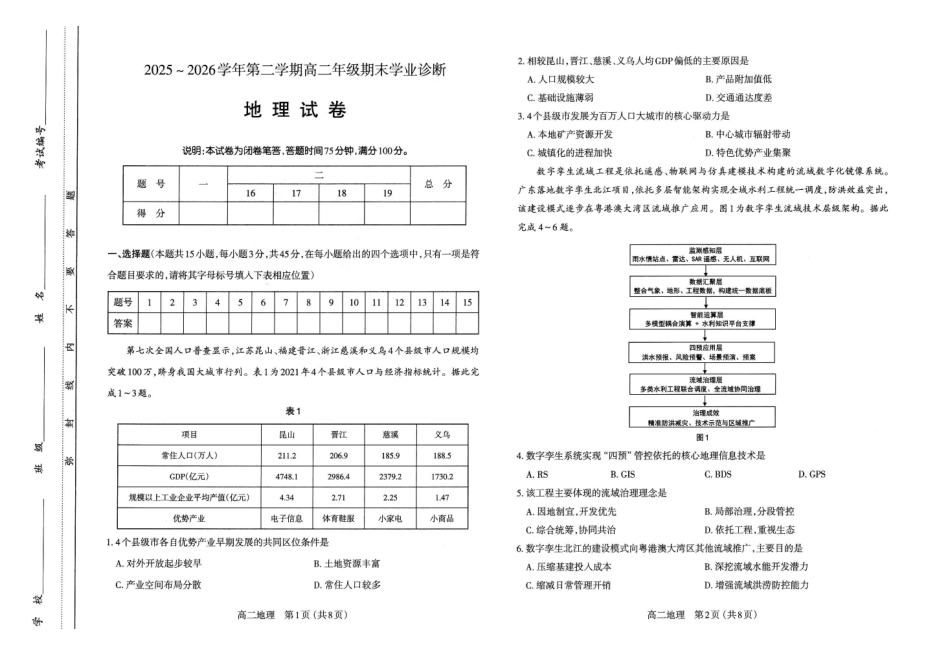 高二地理试卷太原2025-2026学年高二下学期期末.pdf_第1页