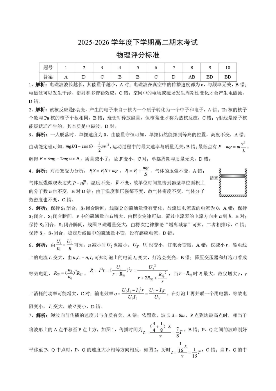 湖北楚天协作体2026年高二下学期期末考试物理答案.pdf_第1页