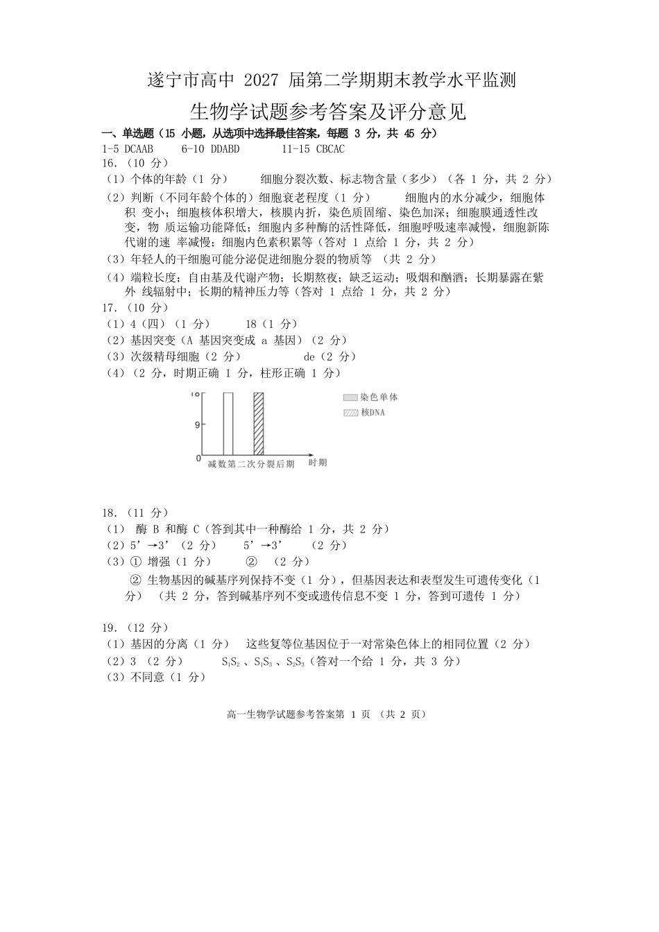 生物四川遂宁市高中2027届高一第二学期期末教学水平监测(7.7-7.9).docx_第1页